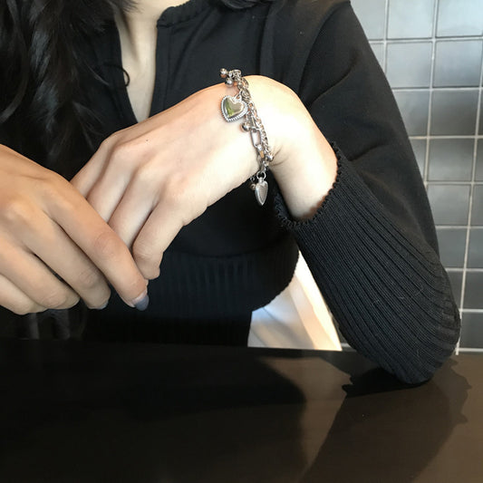 Bracelet de fête double couche en acier inoxydable argenté style punk Love pour femme