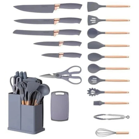Kit 19 pièces complet d'ustensiles de cuisine de luxe avec table en Silicone, spatule faciale, 2000gr, noyaux de cuisine présents