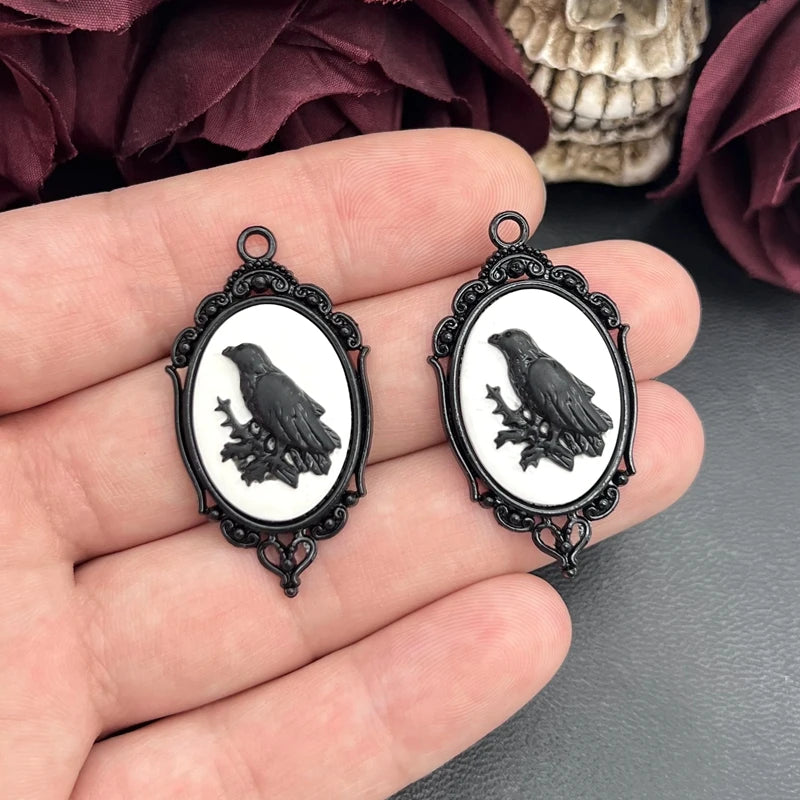 4pcs Gothic Black Crow Silver Plated Framed, Raven Relief Charms Halloween Witch Pendant Fit Jewelry Making DIY Jewelry Finding