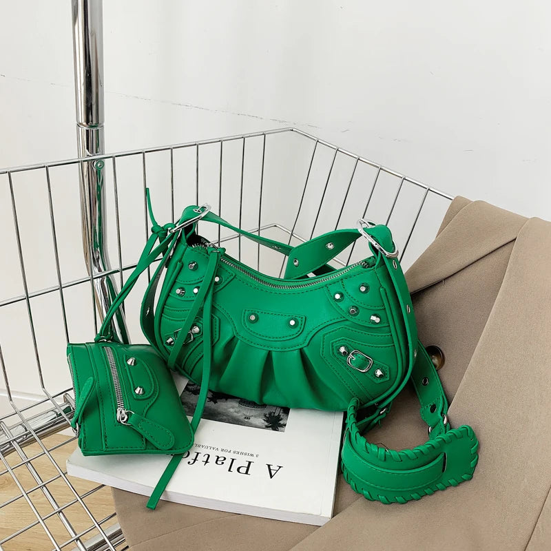 MOQ 1PC Wholesale Ladies Rivet Classic Motorcycle 2-in-1 Crescent Pleated One Shoulder Messenger Underarm Dumpling Bag