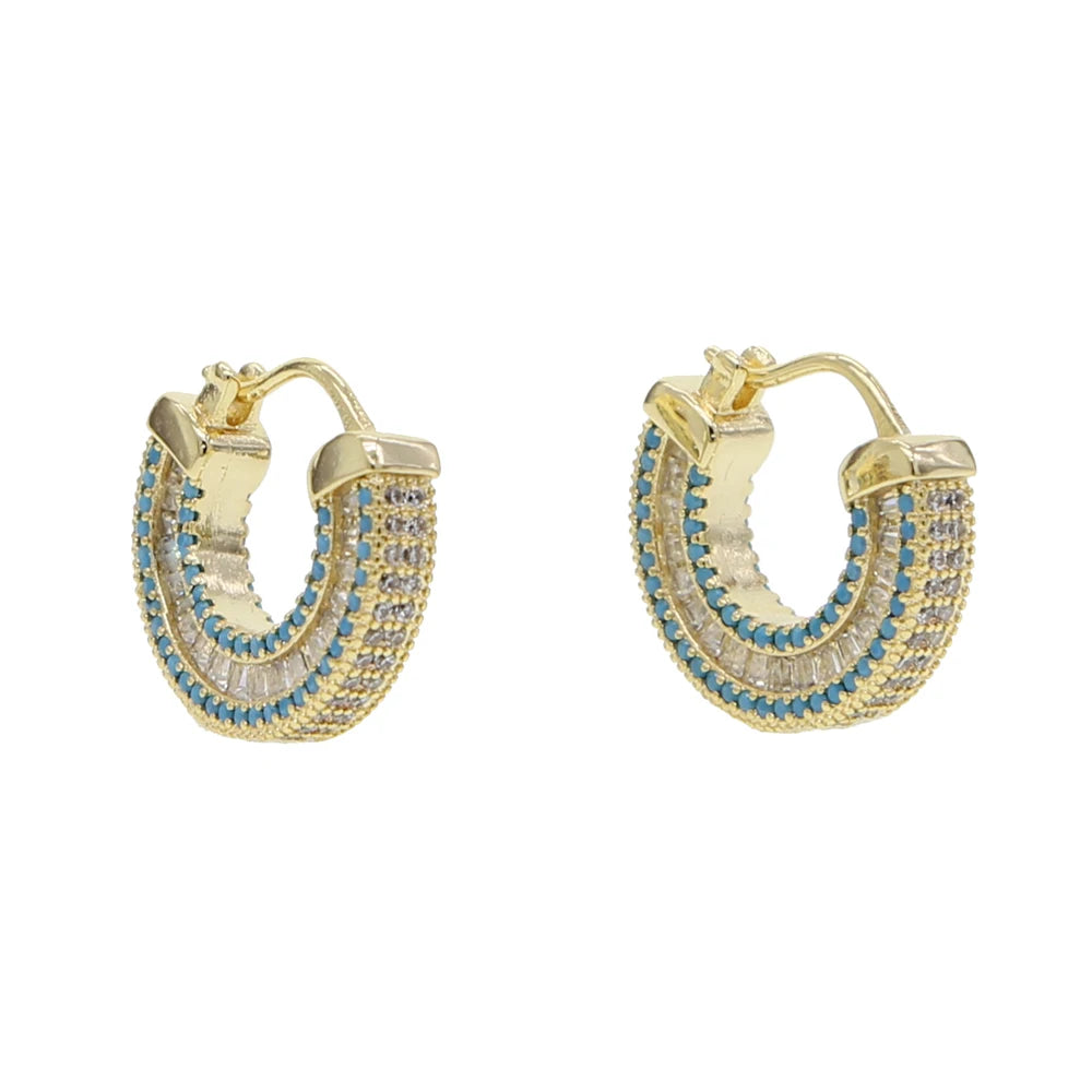 Promotion Rectangle Cubic Zirconia Turquoise Stone Luxury European Women Geometric Cz Hoop Earring