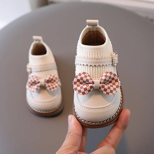 New Cute Girl Lattice Bowknot Baby Princess Shoes Casual Anti slip Outdoor Preschool Children's Soft Sole First Walking Shoe