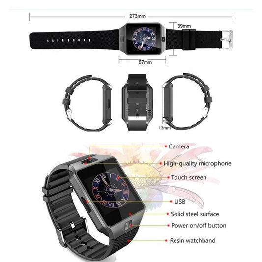 Montre connectée de sport Dz09 pour hommes et femmes, compatible avec iPhone. Bracelet de montre de fitness intelligent pour téléphones Android.