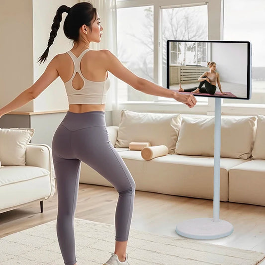 Téléviseur tablette LED Android blanc 21,5 pouces pour intérieur, avec batterie intégrée et roulettes.