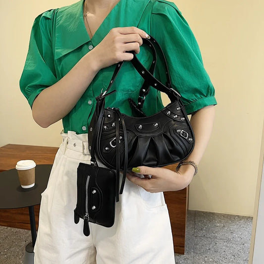 MOQ 1PC Wholesale Ladies Rivet Classic Motorcycle 2-in-1 Crescent Pleated One Shoulder Messenger Underarm Dumpling Bag