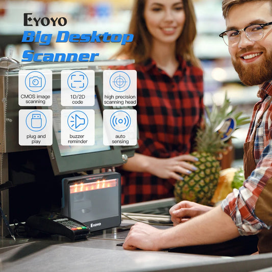 Scanner de codes-barres de bureau 2D Eyoyo omnidirectionnel mains libres 1D filaire USB, lecteur de codes-barres de table PDF417 QR, numérisation d'images et d'écrans