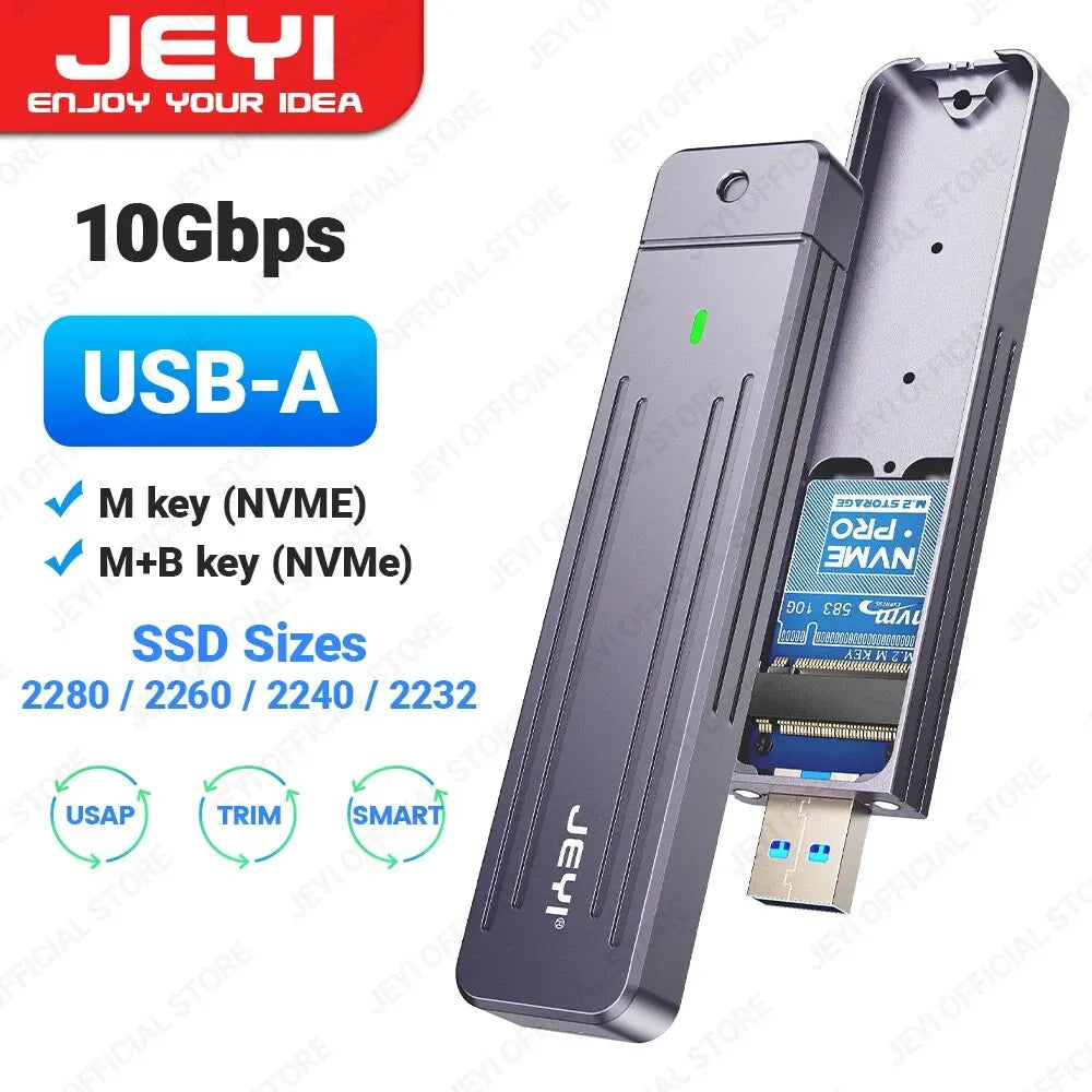 JEYI M.2 NVMe(USB 3.2 10Gbps)Direct-attach Enclosure,USB-A Plug In-line Aluminum 2242 2280 SSD Case With Magnet Protective Case