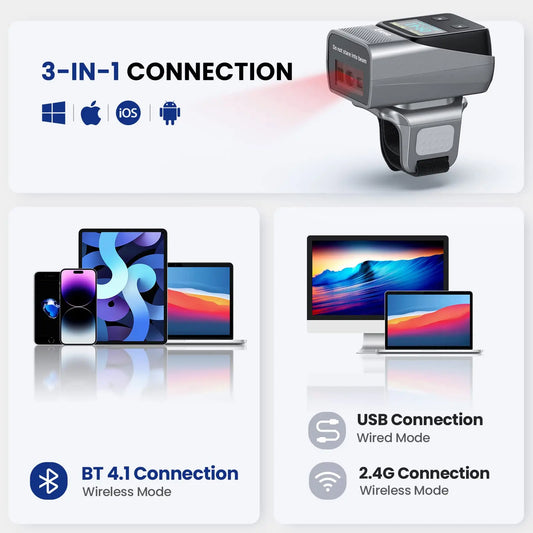 Scanner de codes-barres annulaire Eyoyo EY-038 avec écran. Lecteur de codes QR laser 1D/2D mini portable Bluetooth. Compatible avec la numérisation d'écran.