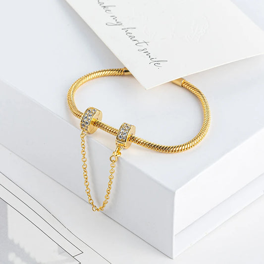 New Gold Plated Safety Chain、Hearts Clip、Family Tree、Snowflake Charm Bead Fit Original European 925 Silver Bracelet Jewelry Gift