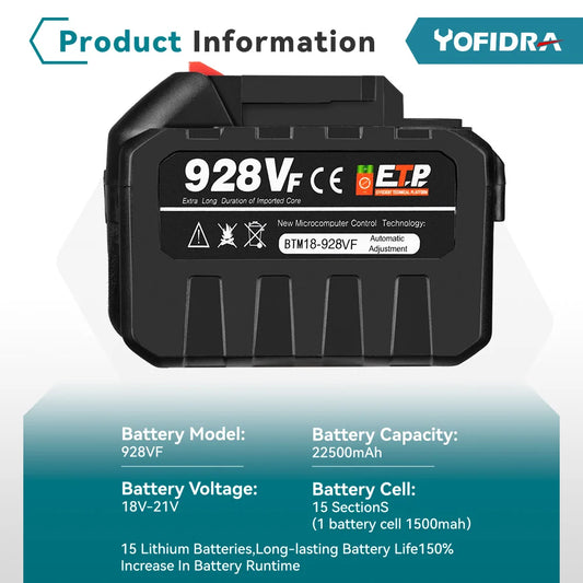Batterie lithium-ion rechargeable YOFIDRA 928VF 22500 mAh et 388VF 15000 mAh pour outils électroportatifs