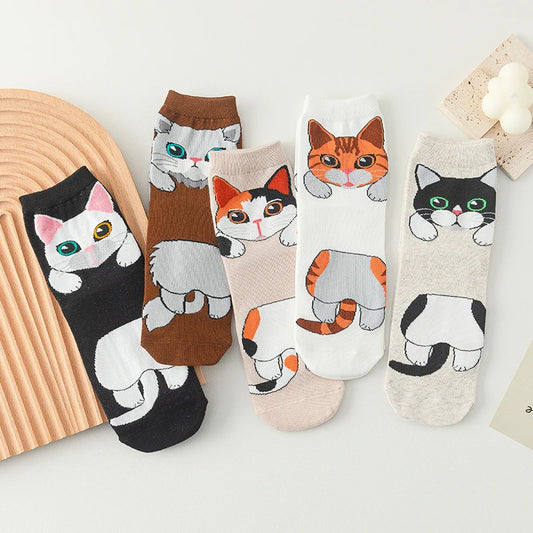 1/5 Pairs New Arrivals Women Socks Cartoon Animal Cat Spring Autumn Kawaii Comfortable School Girls Female Casual Funny Socks