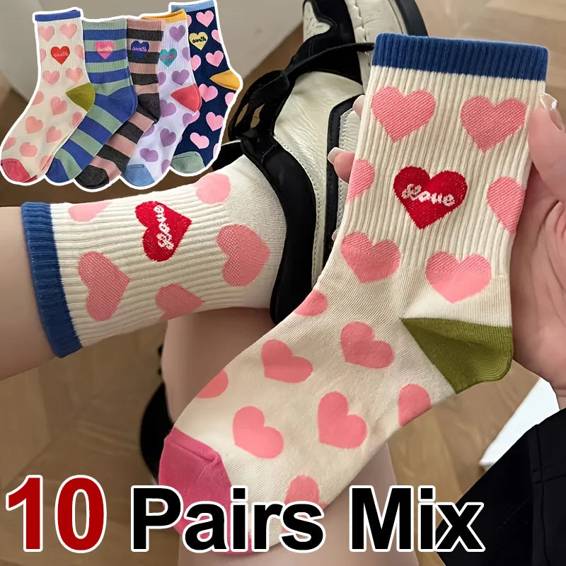 5 Pairs Dopamine Sweet Heart Striped Women Mid Tube Socks Fashionable Korean College Style Comfortable All Season Casual Socks