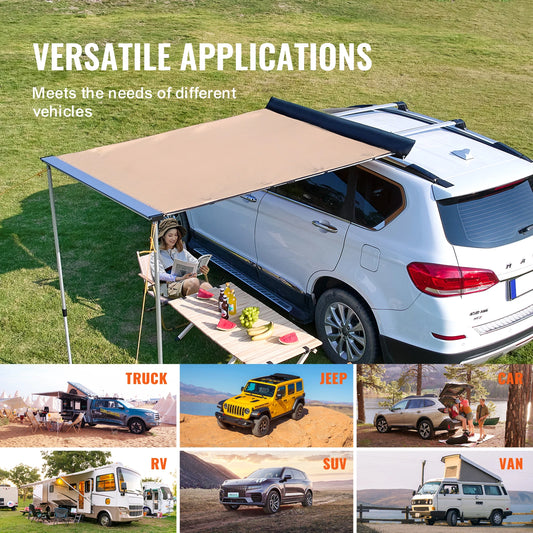 Auvent latéral rétractable VEVOR pour véhicule, avec sac de rangement étanche, compatible avec camions, SUV, fourgonnettes et camping-cars.