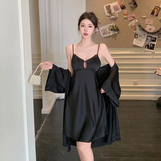 Robe Gown Sets Women Summer Silk Dress Leisure Elegant 2pcs Sleep Lounge Robe Sleepwear Womens Nightdress Soft Bathrobe