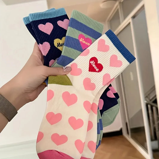 5 Pairs Dopamine Sweet Heart Striped Women Mid Tube Socks Fashionable Korean College Style Comfortable All Season Casual Socks