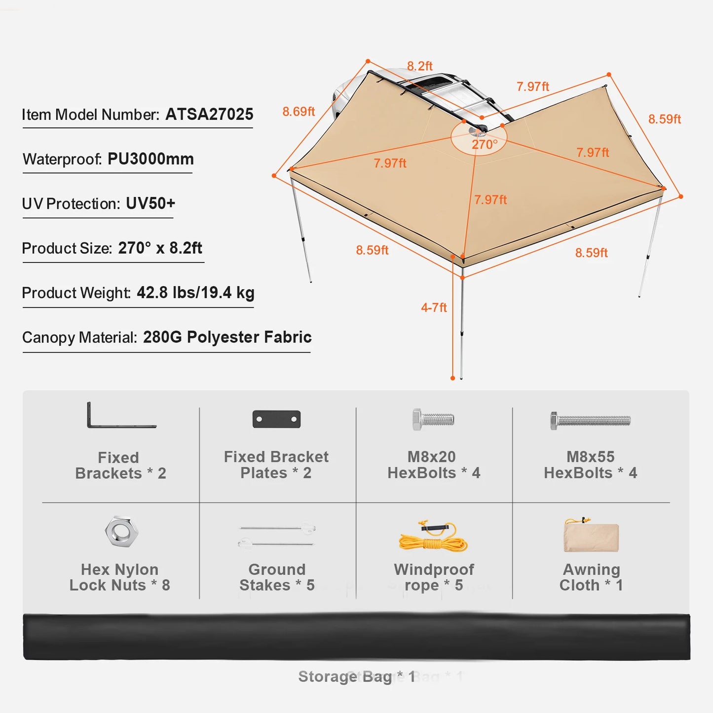 VEVOR Vehicle Awning Retractable Car Side Awning Car Awning with Waterproof Storage Bag Suitable for Truck SUV Van Campers