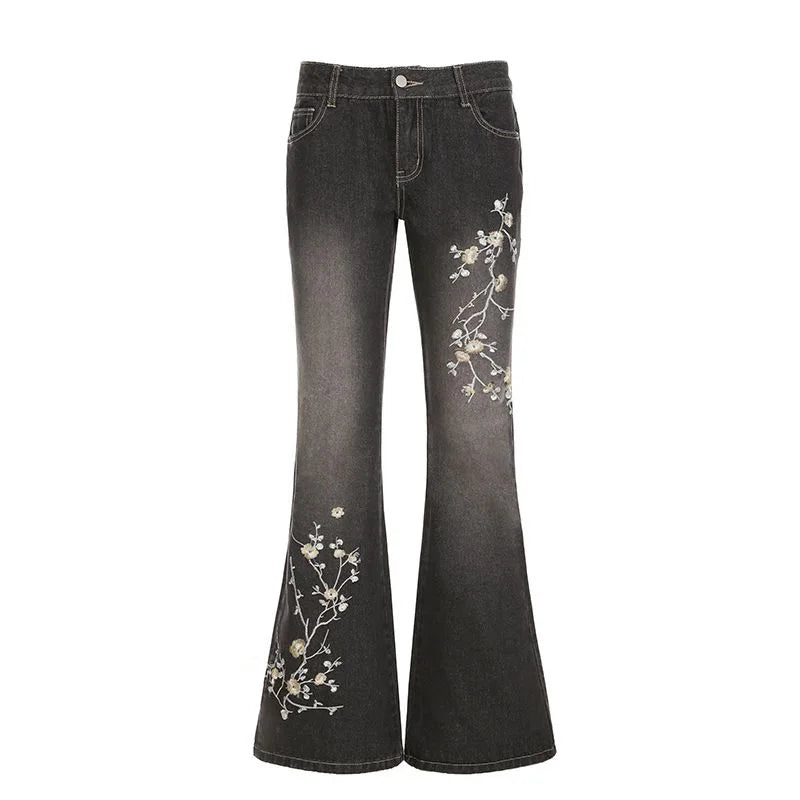Floral Embroidery Jeans Women Y2K Streetwear Baggy Denim Pants Vintage 2000S Low Rise Flared Jeans Female High Street Trousers