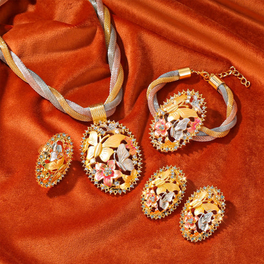 Parure de bijoux africaine plaquée or de Dubaï pour femme, idéale pour les mariages, les voyages et les fêtes : bracelet, boucles d'oreilles, bague et pendentif.