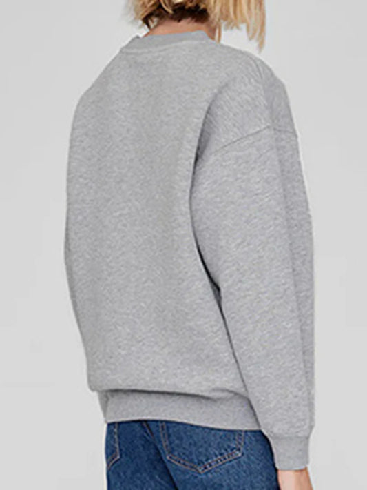 Sweat-shirt femme automne-hiver 2025, confortable et décontracté, col rond, manches longues, gris chaud, en pur coton.