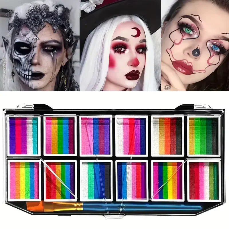12 Grids Face Body Paint Palette Makeup,Rainbow Split Cake Palette,Water-based Non-Toxic Face Paint For Halloween Festivel Party