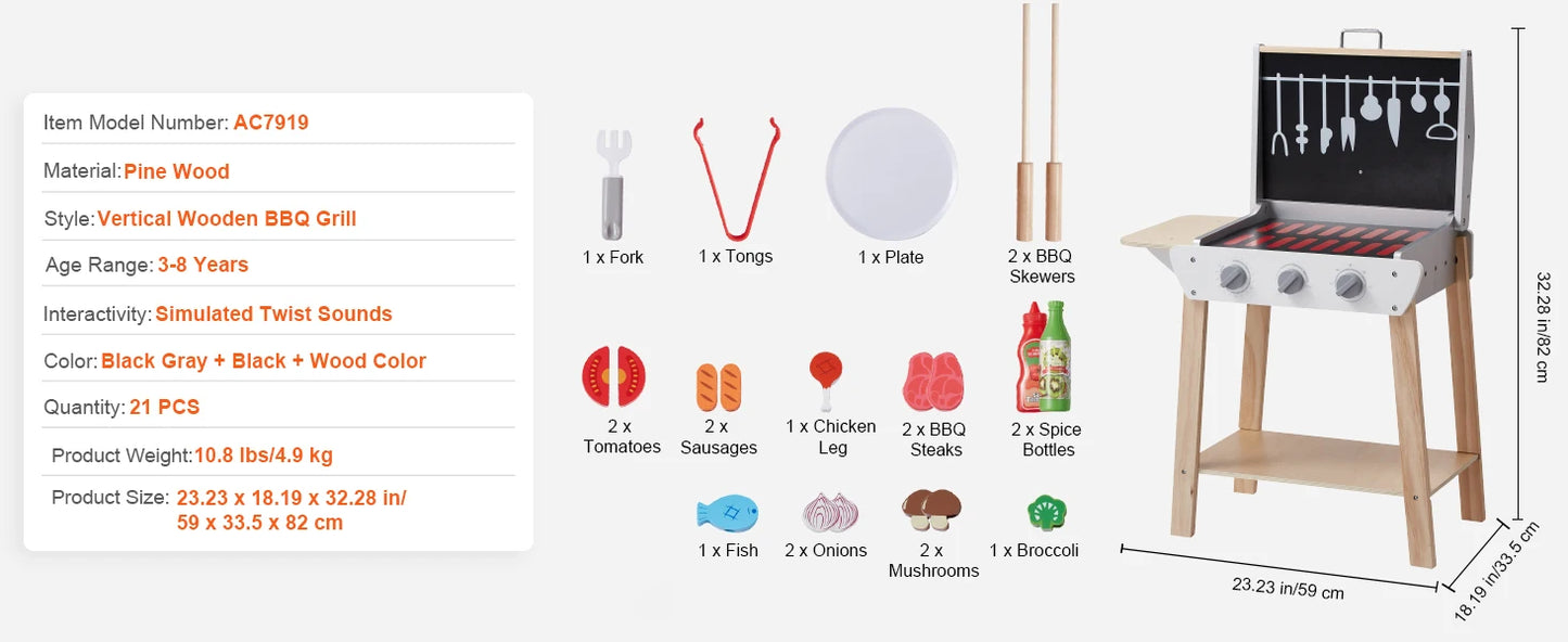 SucceBuy Cuisine de simulation Barbecue Ensemble de jeu de grill en bois, jouet Montessori pour enfants, cadeau pour filles