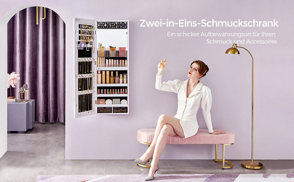 SONGMICS Jewelry Cabinet with LED Lighting, Mirror Cabinet, jewelry Organizer Wall Cabinet with Full-length Mirror