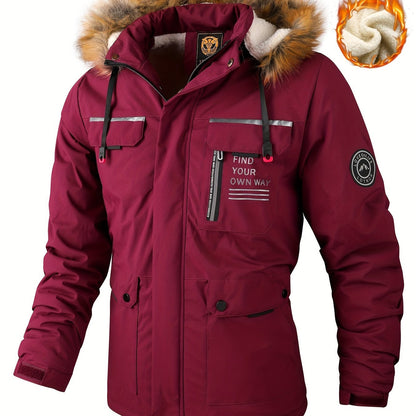 Men'S Winter Windbreaker Jacket with Warm Hood - Maroon Zip-Up Outdoor Coat, Stand Collar, Multiple Pockets, Casual Sporty Design for Cold Weather, Winter Jacket