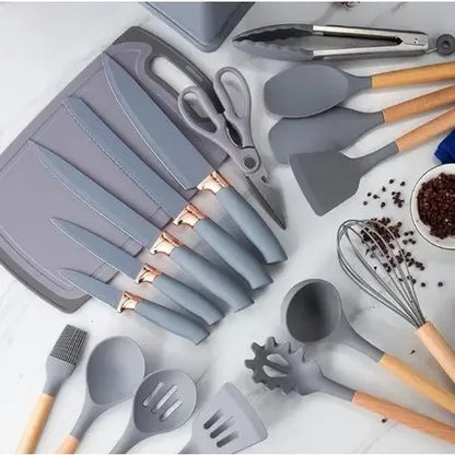 Kit 19 Peças Completo Jogo Utensílios de Cozinha Luxo Com Tábua em Silicone Espátula Faca Tesoura 2000GR Kitchen Presente Cores