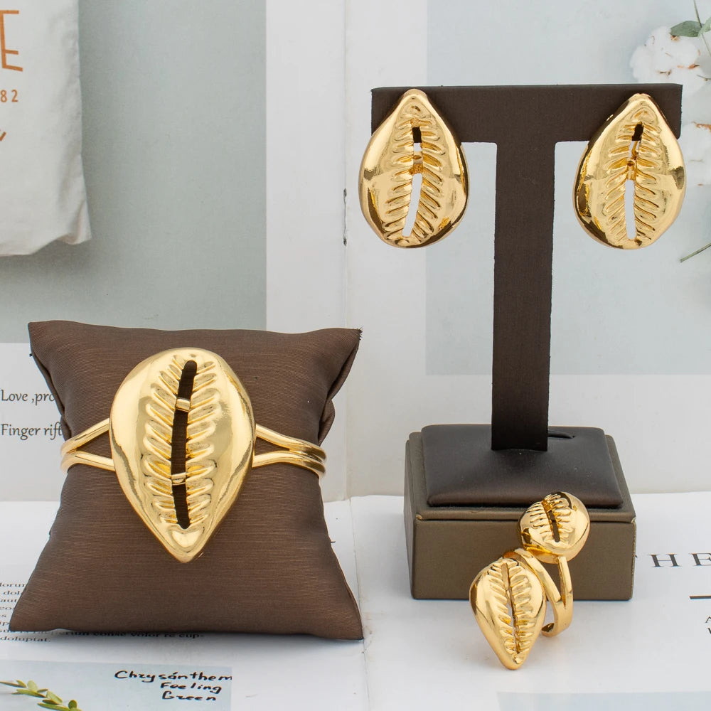 Ensemble de bijoux en cuivre pour femme, boucles d'oreilles, pendentif, bracelet et bague en forme de coquillage africain, style Dubaï arabe turc