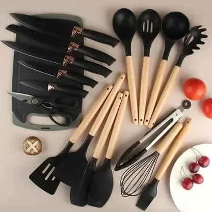 Kit 19 Peças Completo Jogo Utensílios de Cozinha Luxo Com Tábua em Silicone Espátula Faca Tesoura 2000GR Kitchen Presente Cores