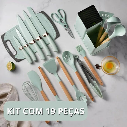 Kit 19 Peças Completo Jogo Utensílios de Cozinha Luxo Com Tábua em Silicone Espátula Faca Tesoura 2000GR Kitchen Presente Cores
