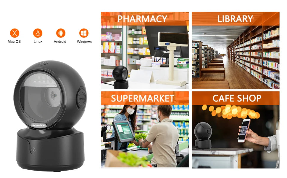 Scanner de codes-barres de bureau NETUM A5 2D, omnidirectionnel, mains libres, filaire USB, grand format, lecture de codes-barres 1D et QR sur écran