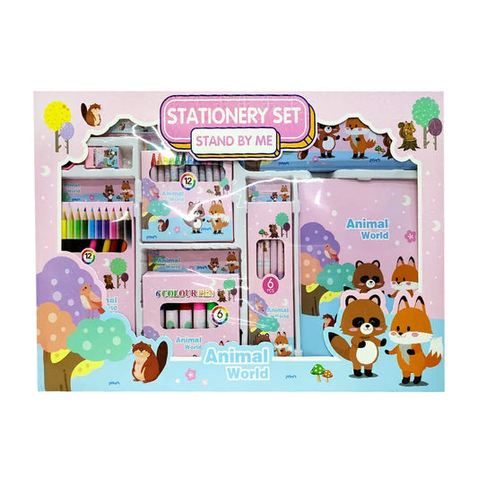 [GD] Coffret d'art comprenant un cahier vierge, des crayons de couleur, des crayons de cire, des feutres, une gomme, un taille-crayon, une règle et une trousse.