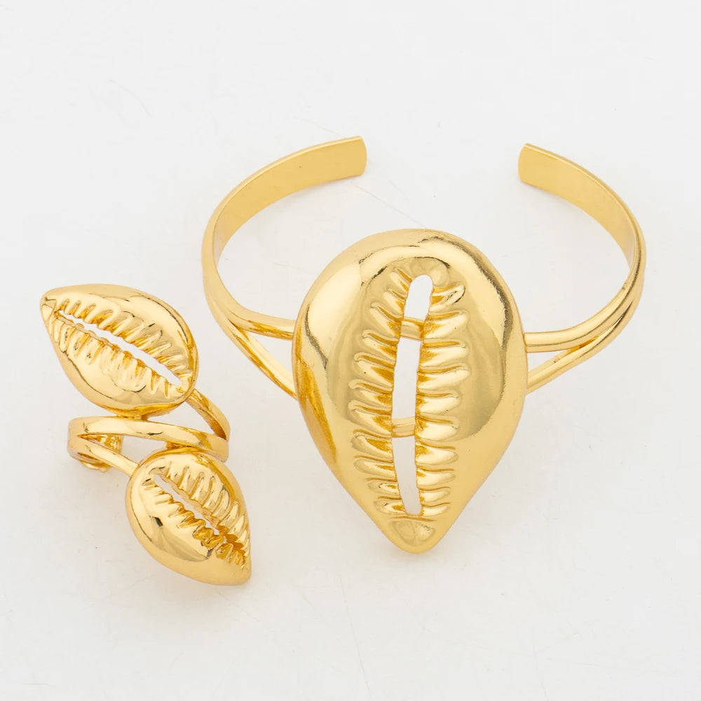 Ensemble de bijoux en cuivre pour femme, boucles d'oreilles, pendentif, bracelet et bague en forme de coquillage africain, style Dubaï arabe turc