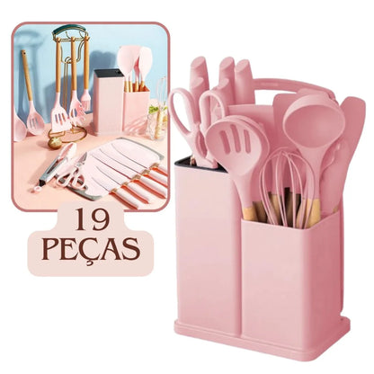 Kit 19 Peças Completo Jogo Utensílios de Cozinha Luxo Com Tábua em Silicone Espátula Faca Tesoura 2000GR Kitchen Presente Cores