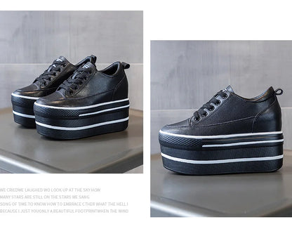 Fujin 10.5cm High Thick Heel Platform Flats Women Casual Shoes Genuine Leather Soft Quality Casual Shoe Sneakers White Black