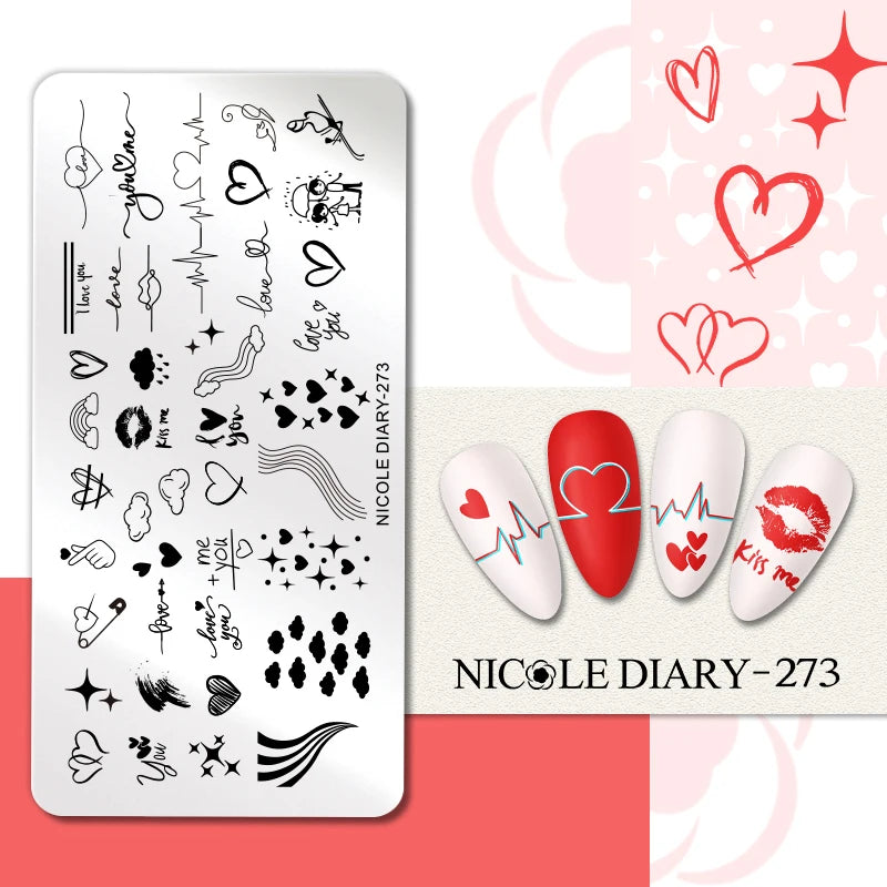 NICOLE DIARY Rose Flower Nail Stamping Plates Image Template Valentine's day Love Heart Printing Stencil Nail Art Manicure Tools