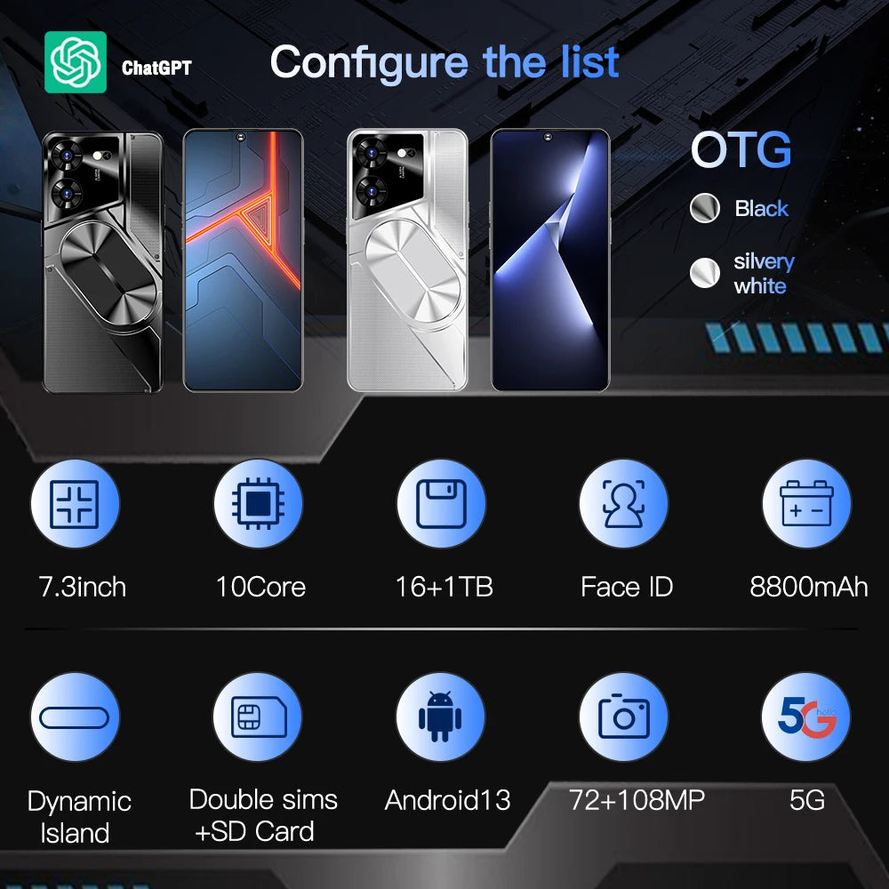 New Product 7.3 Inch 16GB+1TB 6800 MAh 5G Smartphone t Echno Phone Original Povo 5 Pro Mobile Phone Android 13.0 Telephone