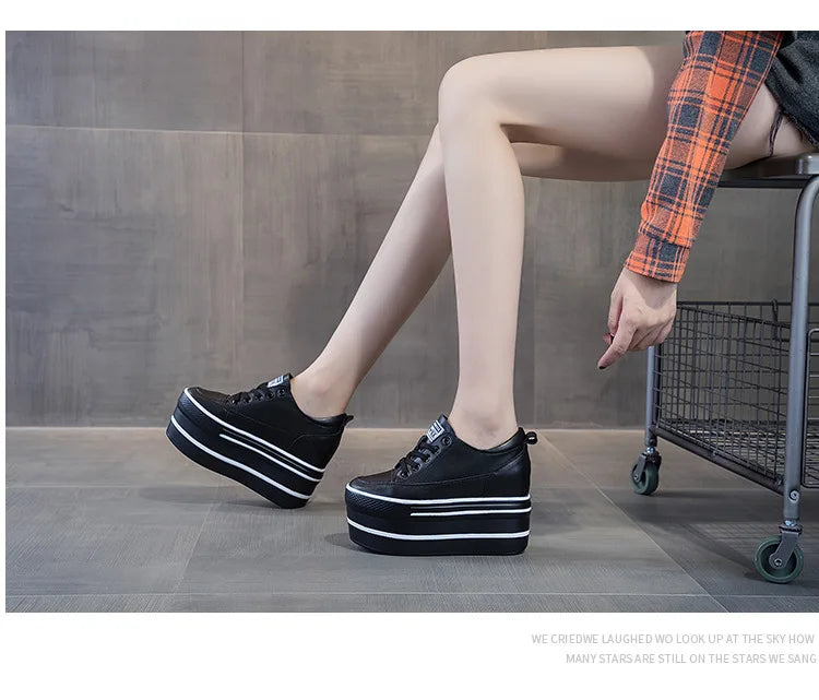 Fujin 10.5cm High Thick Heel Platform Flats Women Casual Shoes Genuine Leather Soft Quality Casual Shoe Sneakers White Black