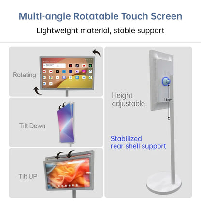Téléviseur intelligent 32 pouces avec support, sans fil, rechargeable, pivotant et grand écran, idéal pour la salle de bain et la télévision interactive.