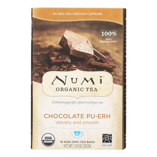UD2 Numi Tea Thé Pu-erh Bio Chocolat, Boîte de 16 Sachets, Thé Cru en Galette, Bienfaits Minceur et Santé, Conditionnement en Bouteille