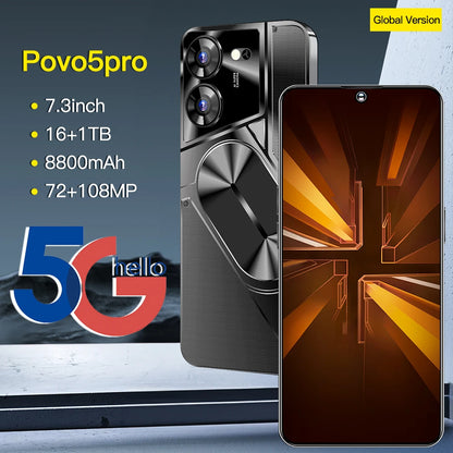 New Product 7.3 Inch 16GB+1TB 6800 MAh 5G Smartphone t Echno Phone Original Povo 5 Pro Mobile Phone Android 13.0 Telephone