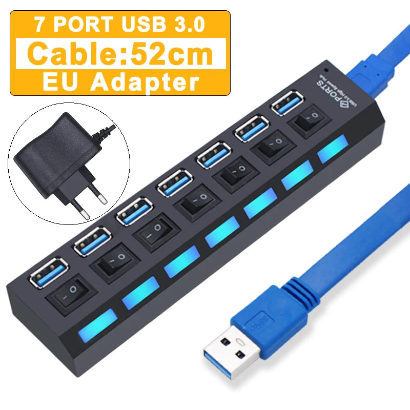 Hub USB 3.0, répartiteur USB 2.0, adaptateur secteur, multi-ports USB 4/7 avec commutateur, accessoires pour PC