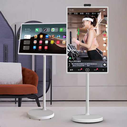 Téléviseur intelligent 32 pouces avec support, sans fil, rechargeable, pivotant et grand écran, idéal pour la salle de bain et la télévision interactive.