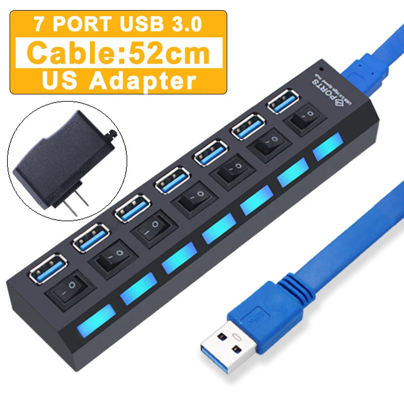 Hub USB 3.0, répartiteur USB 2.0, adaptateur secteur, multi-ports USB 4/7 avec commutateur, accessoires pour PC