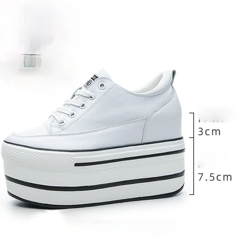Fujin 10.5cm High Thick Heel Platform Flats Women Casual Shoes Genuine Leather Soft Quality Casual Shoe Sneakers White Black
