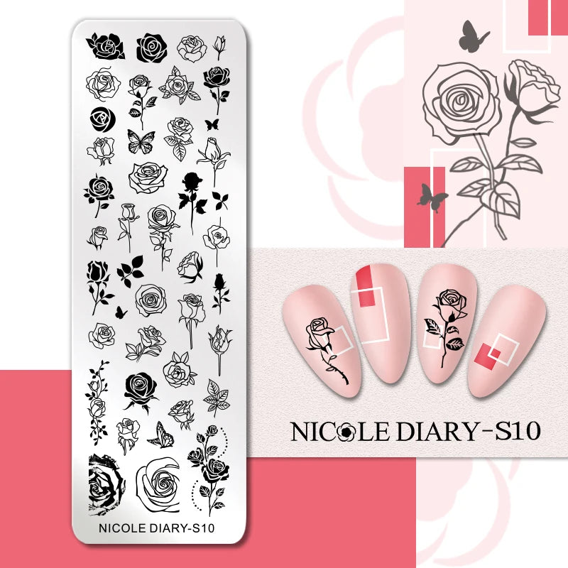 NICOLE DIARY Rose Flower Nail Stamping Plates Image Template Valentine's day Love Heart Printing Stencil Nail Art Manicure Tools