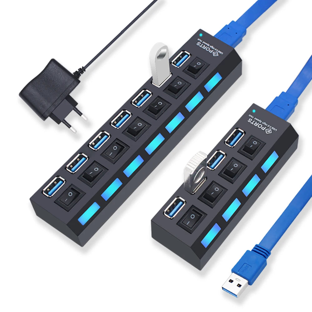 Hub USB 3.0, répartiteur USB 2.0, adaptateur secteur, multi-ports USB 4/7 avec commutateur, accessoires pour PC