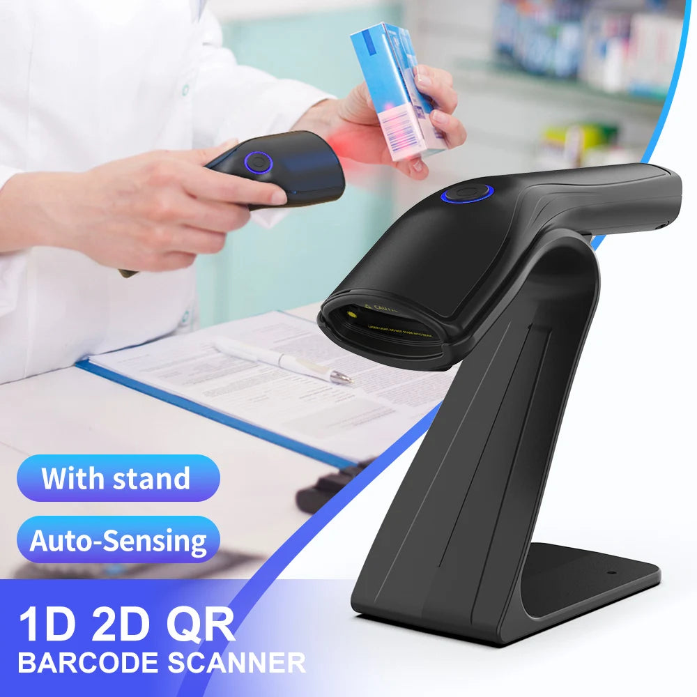 2D Wireless Barcode Scanner Cordless Automatic Scan Window Handheld Bar Code Reader for Retail Warehouse Inventory Tracking