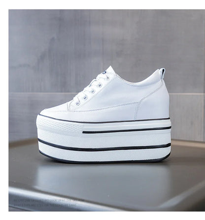Fujin 10.5cm High Thick Heel Platform Flats Women Casual Shoes Genuine Leather Soft Quality Casual Shoe Sneakers White Black